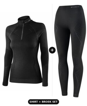 Dames Extreme Merino thermoset met rits in zwart: thermoshirt en thermobroek, voorkant