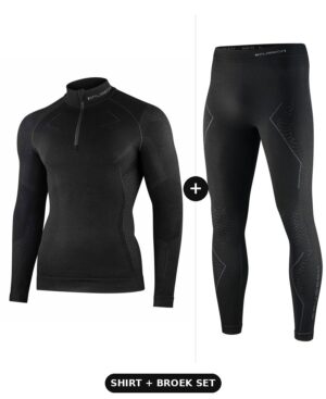 Heren Extreme Merino thermoset met rits in zwart: thermoshirt en thermobroek, voorkant